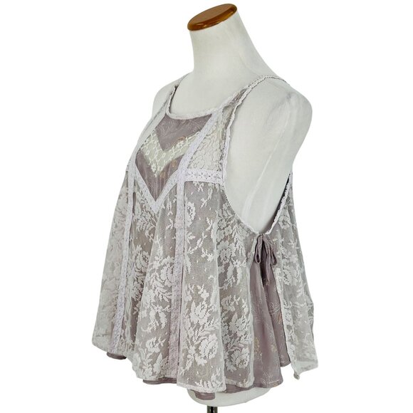 Free People Layered Floral Paisley Lace Lavender Tie Sides Relaxed Top Fairycore - Picture 5 of 16